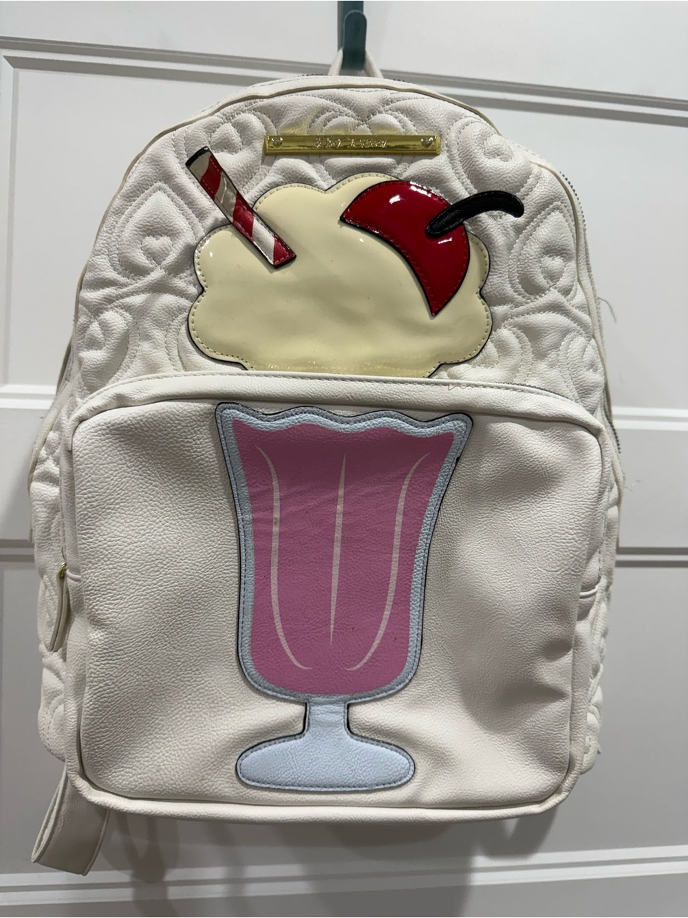 EUC Quilted Betsey Johnson Milkshake Backpack with Pink Cup and Red Cherry lined